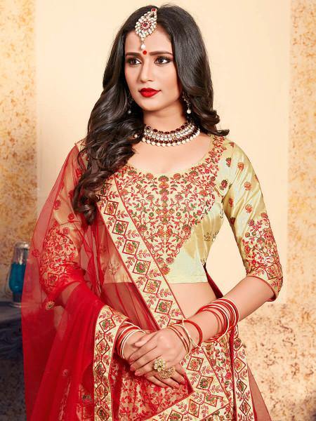 Beige Satin Embroidered Lehenga