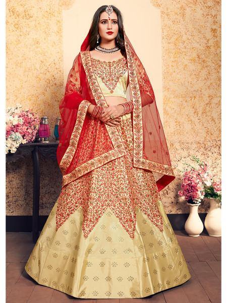 Beige Satin Embroidered Lehenga