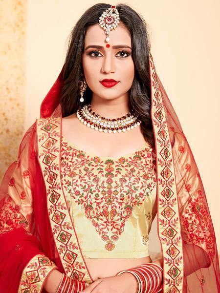 Beige Satin Embroidered Lehenga