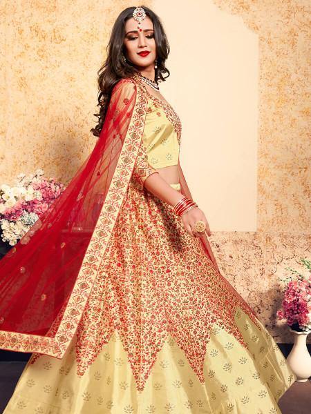 Beige Satin Embroidered Lehenga