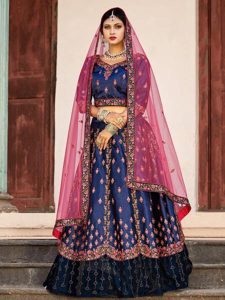 Navy Blue Satin Embroidered Lehenga