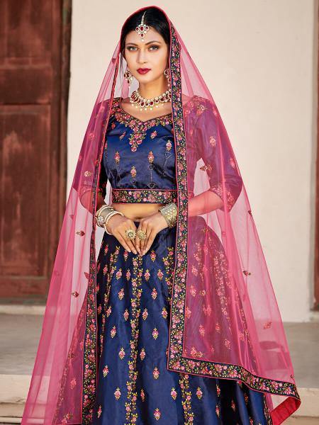 Navy Blue Satin Embroidered Lehenga