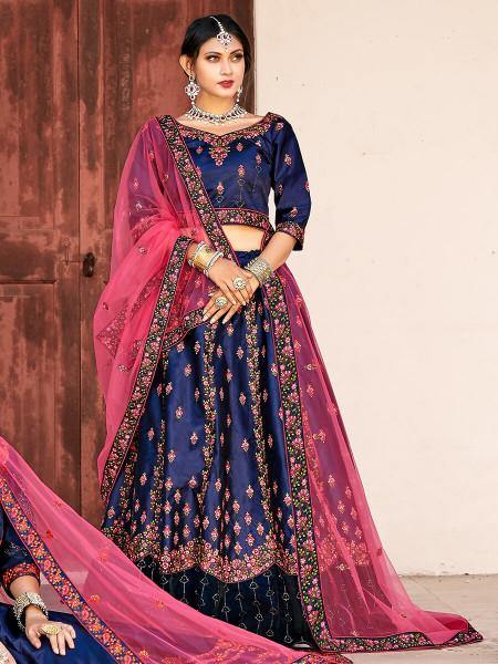 Navy Blue Satin Embroidered Lehenga