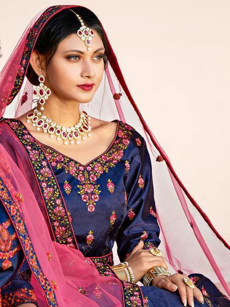 Navy Blue Satin Embroidered Lehenga