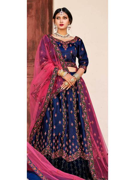 Navy Blue Satin Embroidered Lehenga