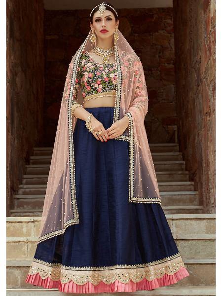 Navy Blue Art Silk Lahanga