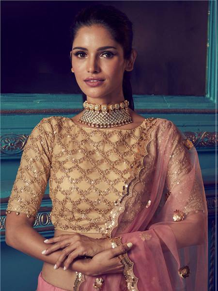 गुलाबी भारी कढ़ाई नेट लेहेंगा