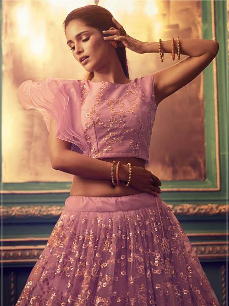 पर्पुल हैवी एम्ब्रॉयडरी नेट लहंगा