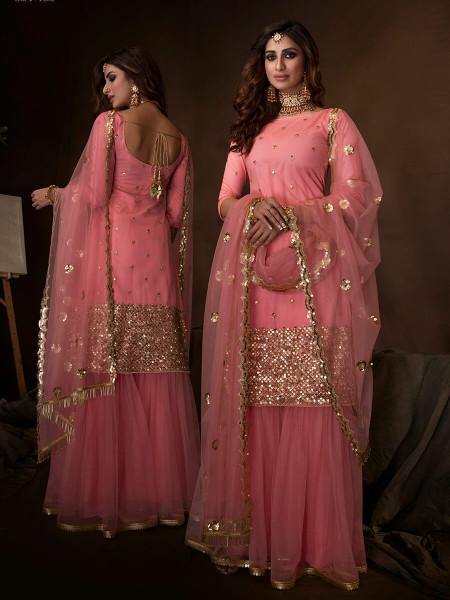गुलाबी मुलायम नेट वाला गरारा सूट