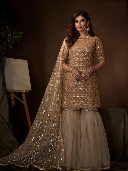 Beige Soft Net Gharara Suit