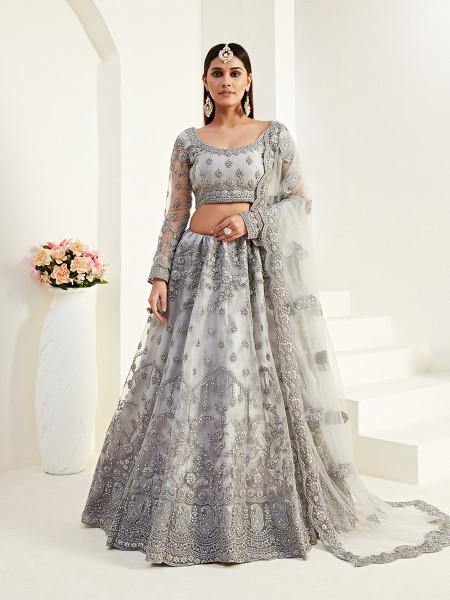 Light Grey Heavy Embroidered Net Lehenga