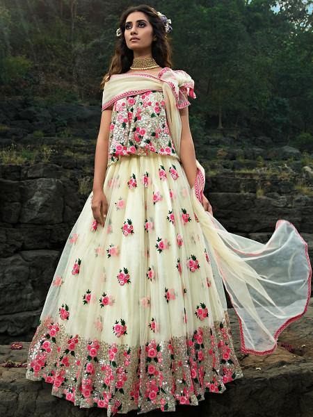 मल्टी और ऑफ व्हाइट नेट हैवी एम्ब्रॉयडरी लहंगा