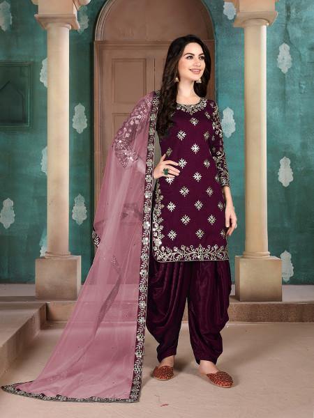 Wine Art Silk Embroidered Patiyala Suit