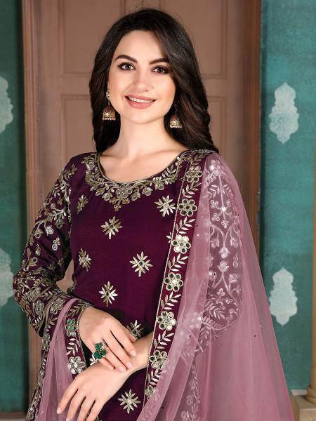 Wine Art Silk Embroidered Patiyala Suit