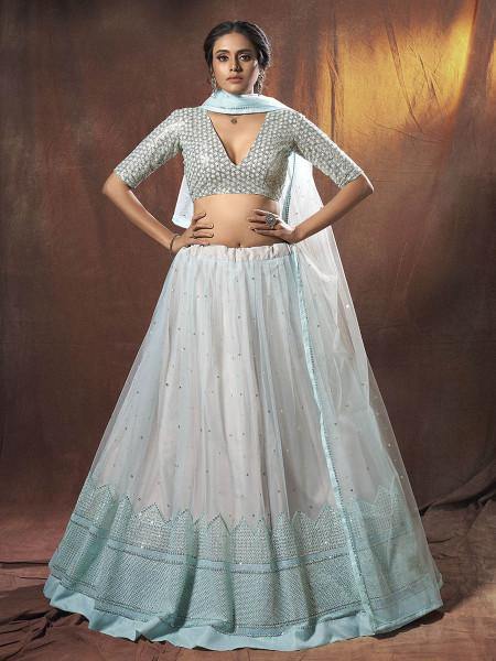 Light Blue Embroidered Soft Net Lehenga