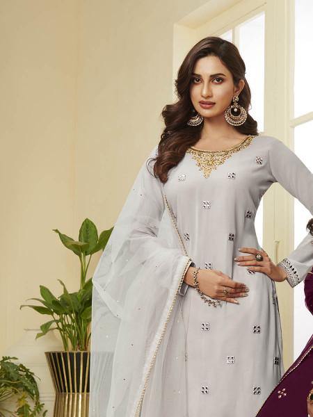 Grey Georgette Embroidered Palazzo Suit