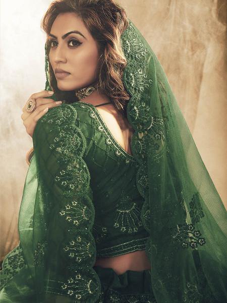 Green Heavy Embroidered Net bridal Lehenga