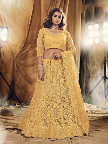 Musturd Yellow Heavy Embroidered Net bridal Lehenga