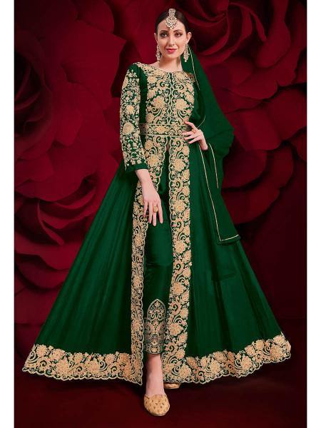 Green Georgette Embroidered Anarkali Pant Style Suit