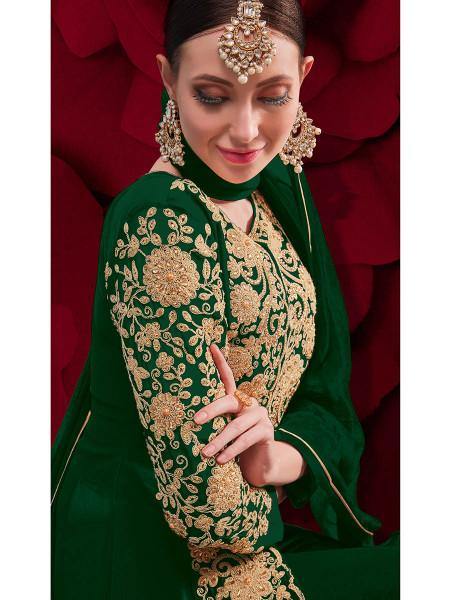 Green Georgette Embroidered Anarkali Pant Style Suit