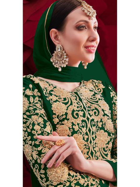 Green Georgette Embroidered Anarkali Pant Style Suit