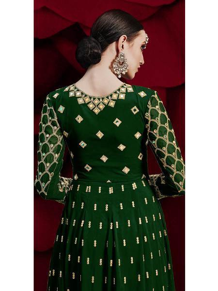 Green Georgette Embroidered Anarkali Pant Style Suit