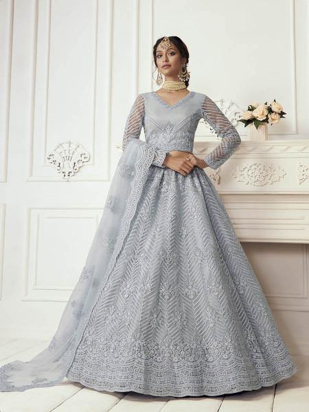 Dusty Sea Blue Heavy Embroidered Net bridal Lehenga