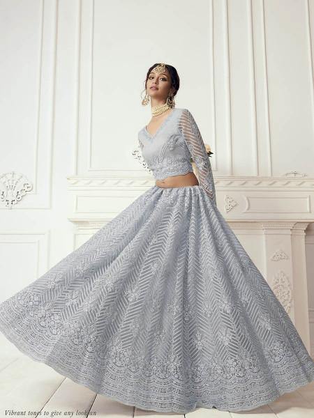 Dusty Sea Blue Heavy Embroidered Net bridal Lehenga