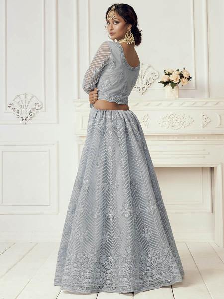 Dusty Sea Blue Heavy Embroidered Net bridal Lehenga