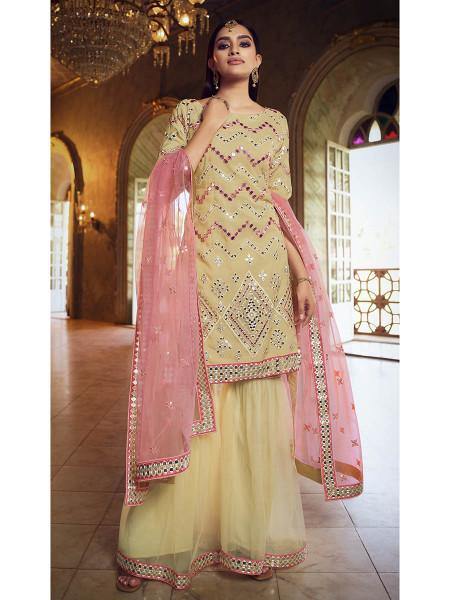 Beige Heavy Embroidered Gharara Sui