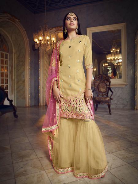 Beige Heavy Embroidered Gharara Suit