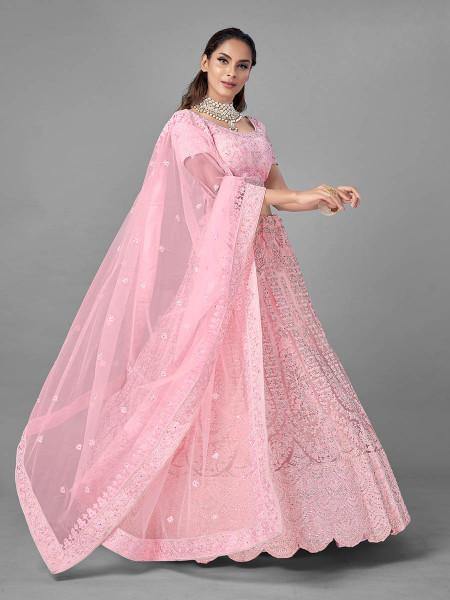 Pink Heavy Embroidered Soft Net bridal Lehenga