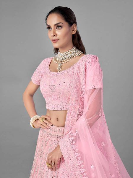 Pink Heavy Embroidered Soft Net bridal Lehenga