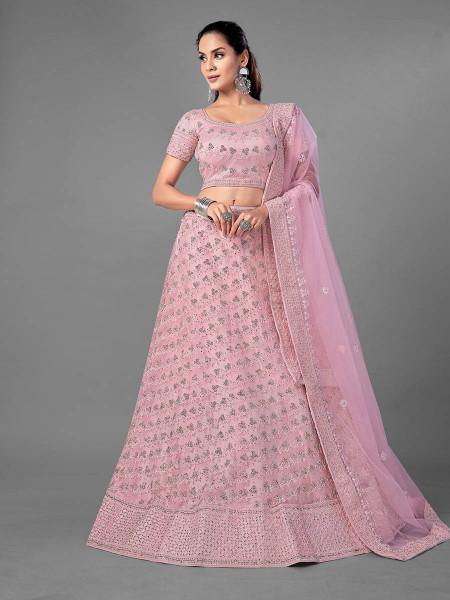 Pink Heavy Embroidered Soft Net bridal Lehenga