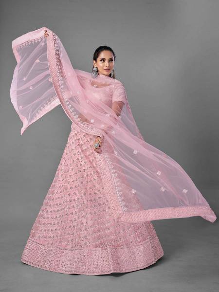 Pink Heavy Embroidered Soft Net bridal Lehenga