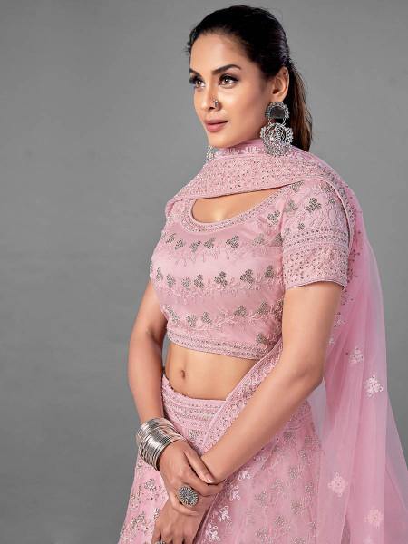 Pink Heavy Embroidered Soft Net bridal Lehenga