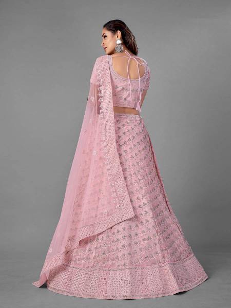 Pink Heavy Embroidered Soft Net bridal Lehenga