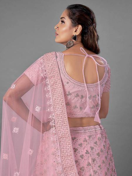 Pink Heavy Embroidered Soft Net bridal Lehenga