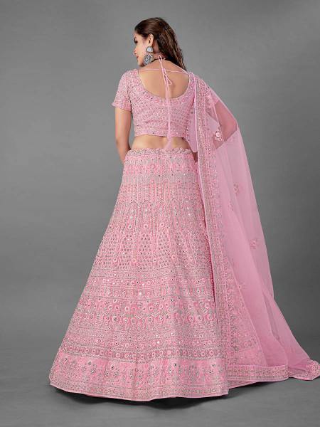 गुलाबी भारी कढ़ाई नरम नेट दुल्हन Lehenga