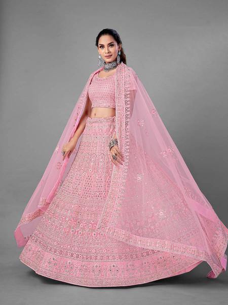 गुलाबी भारी कढ़ाई नरम नेट दुल्हन Lehenga