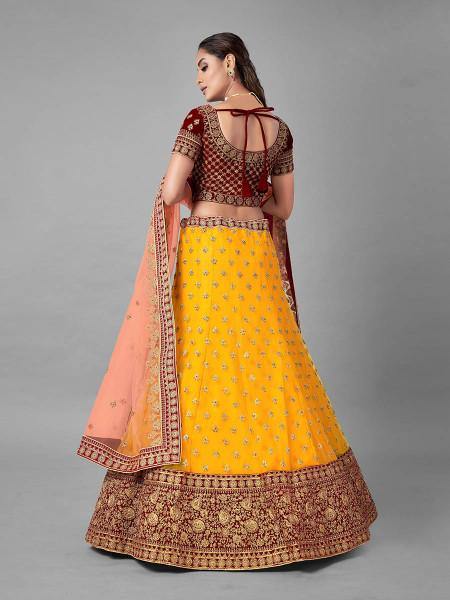 Musturd Heavy Embroidered Soft Net and Velvet bridal Lehenga