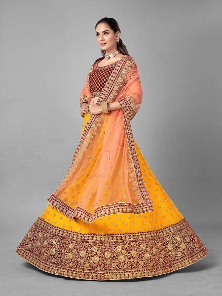 Musturd Heavy Embroidered Soft Net and Velvet bridal Lehenga