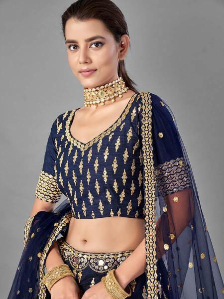 Navy Blue Heavy Embroidered Art Silk bridal Lehenga