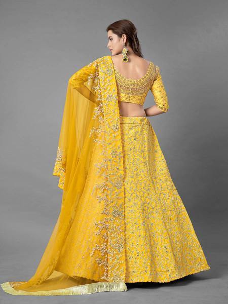 Yellow Heavy Embroidered Art Silk bridal Lehenga
