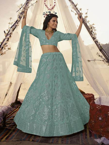 Sea Green Embroidered Organza bridal Lehenga