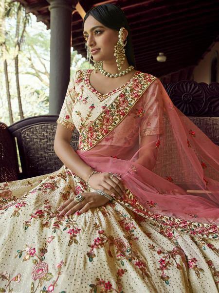 Off White Heavy Embroidered Georgette bridal Lehenga