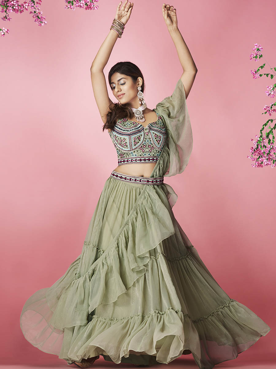 Olive Green Art Silk Designer Lehenga