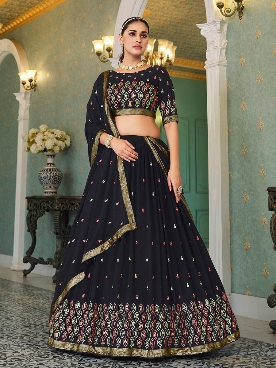 Navy Blue Georgette Embroidered Designer Lehenga