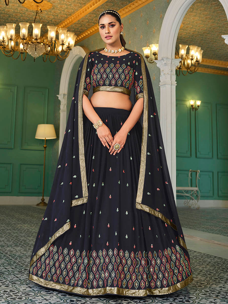 Navy Blue Georgette Embroidered Designer Lehenga