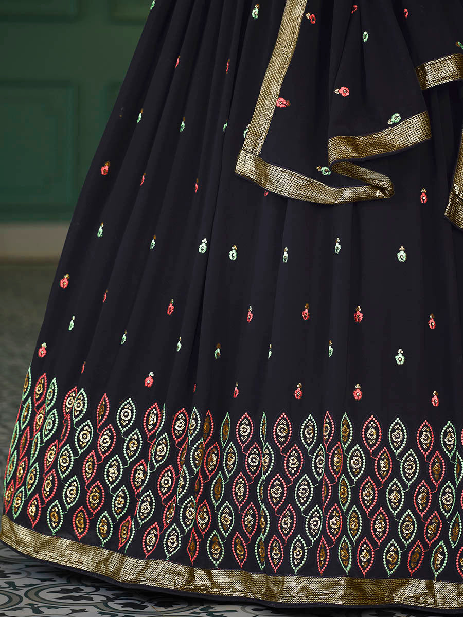 Navy Blue Georgette Embroidered Designer Lehenga